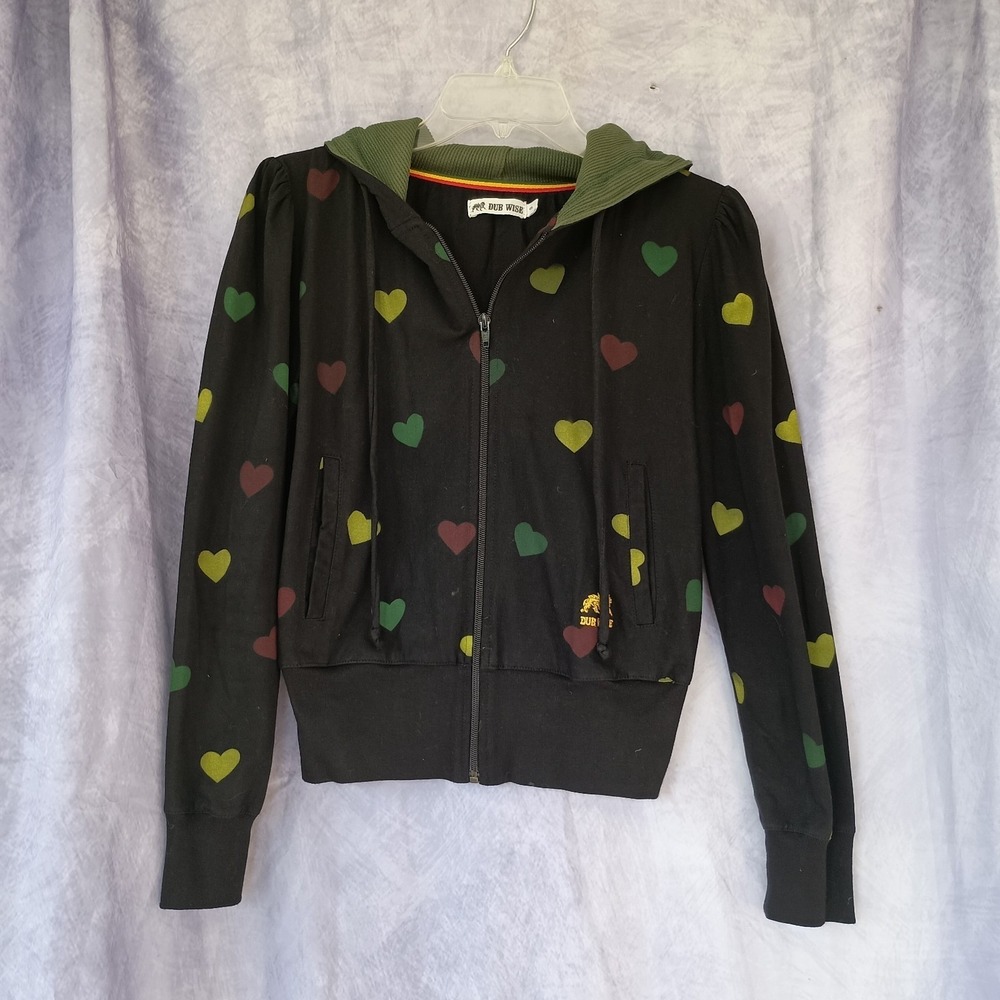Dub Wise Rasta Heart Print Zip-Up Hoodie Jacket Handmade Cotton